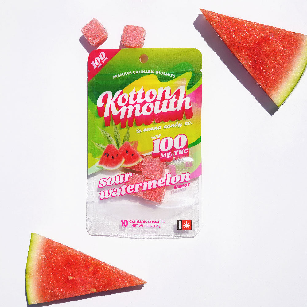 Kottonmouth Canna Candy Co - Sour Watermelon Edibles Bag with pieces of watermelon arranged around
